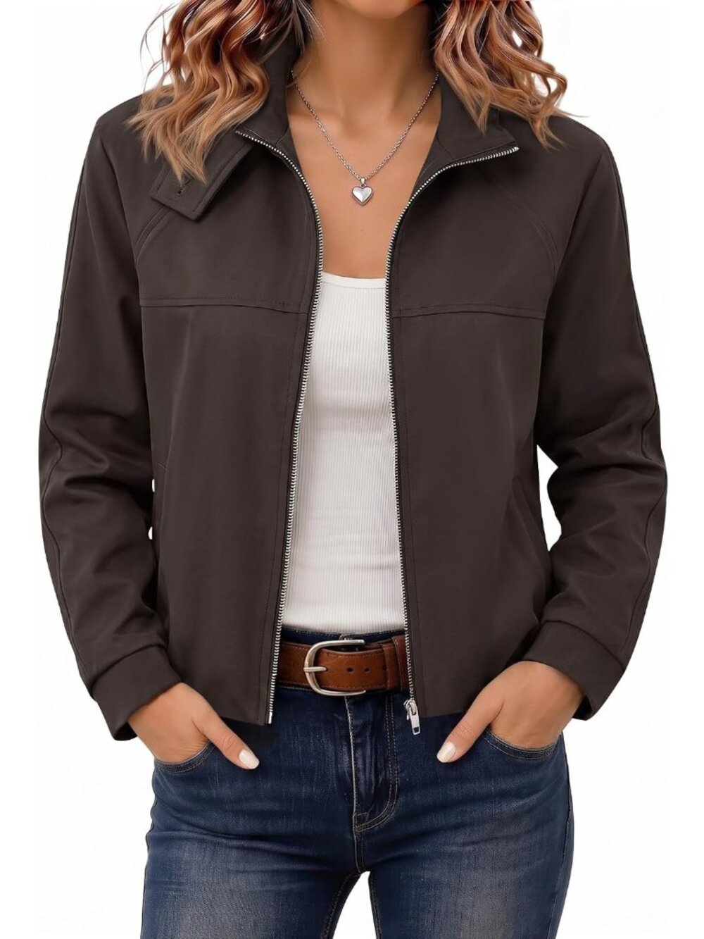 🆕Women’s Dark Brown Cropped Zip Up Jacket Funnel Neck Bubble Back Moto Coat